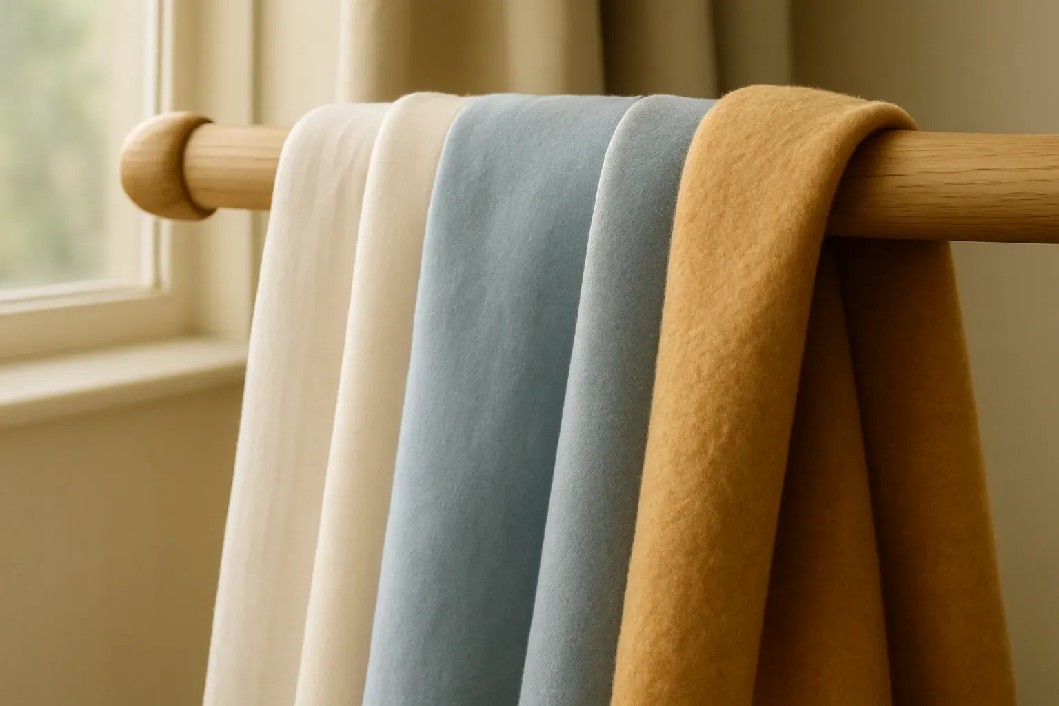 Three curtain linings draped over a wooden pole: a light face fabric, a thermal layer, and a soft blanket-like interlining, in cream, soft blue, and ochre.