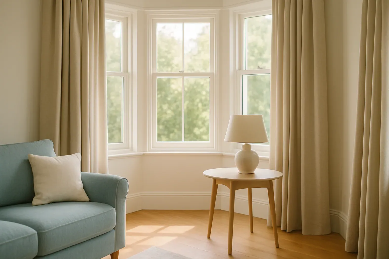 A three-sided bay window in a bright living room with floor-length neutral curtains framing each angled section, warm daylight coming through.