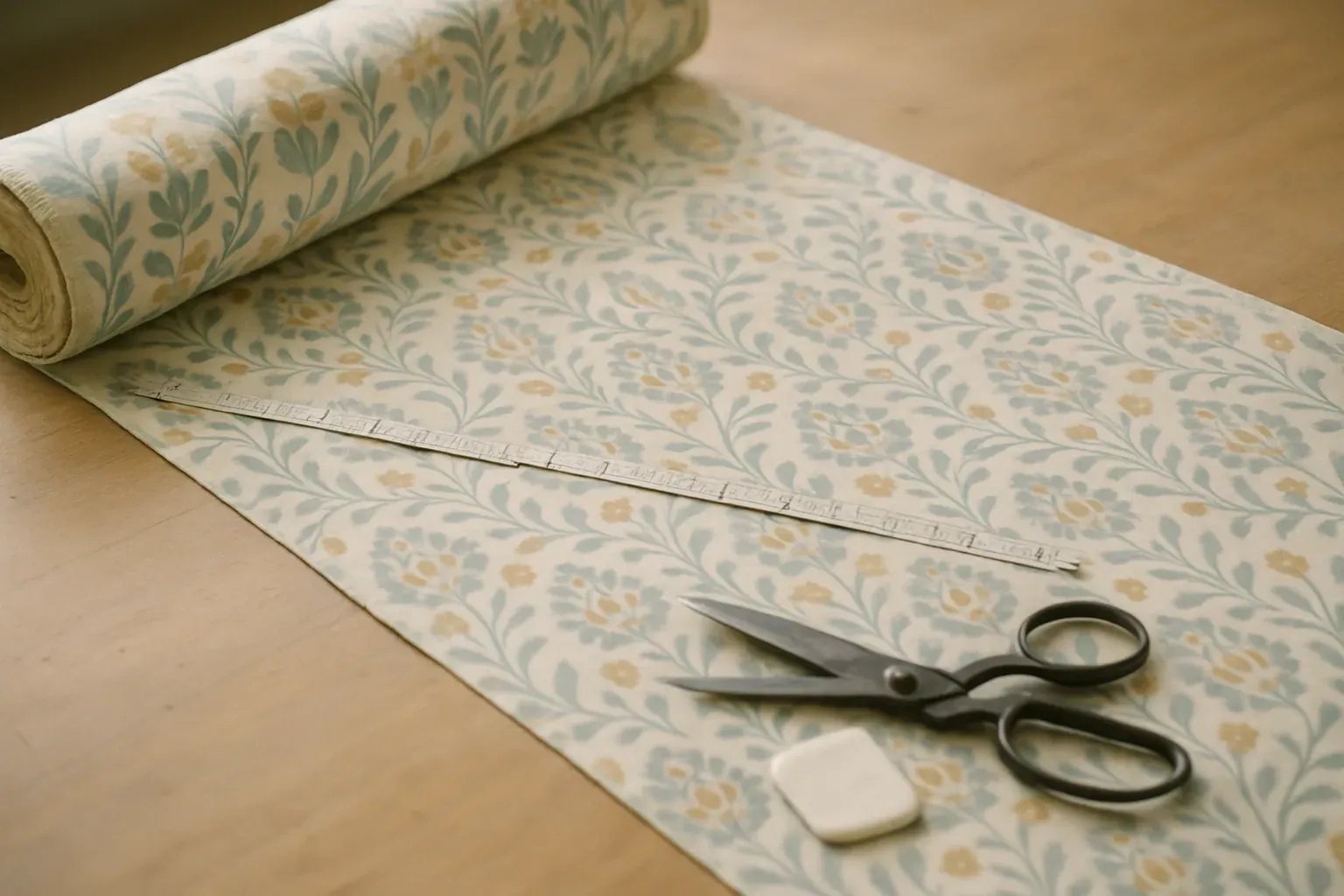 A roll of patterned curtain fabric partly unrolled on a wooden workroom table, with a tape measure across its width and scissors beside it.